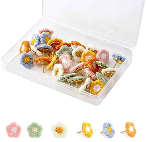 SAVITA 30PCS Flower Push Pins Color Push Pins Flower Thumb Tacks Bulletin Board Pushpins for Cork Board Map Photo Office Home Decoration (6 Colors)