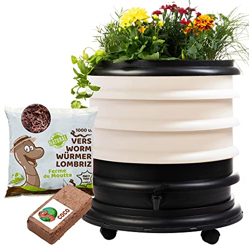 WORMbox | Wurmkomposter Wurmfarm Wurmkiste mit 3 Schalen Elfenbein + Pflanzgefäß + 500g Kompostwürmer / 1000 STK + 1 Coco | 48 Liter | Regenwurmkomposter, Kompostwürmer produzieren Wurmhumus