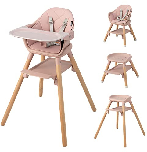BABY JOY Baby High Chair, 6 in 1 Convertible Wooden High Chair for Babies & Toddlers with Adjustable Legs, Double Removable Tray, Safety Harness & Waterproof PU Cushion (Pink)