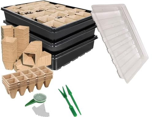 WY8 Seed Trays Starter Kit, Include 100 Biodegradable Pots for Seedlings, 3 Plastic Growing Trays with 3 Crystal Lids, 50 Plant Labels and 3 Plant Tools All you need for Outdoor Indoor Gardening
