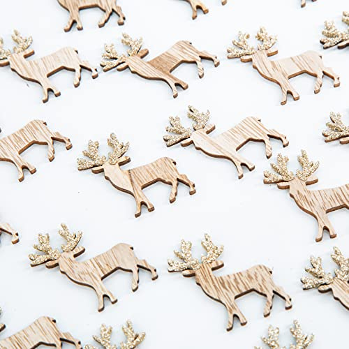 Logbuch-Verlag Deko Rentiere Holz 5 cm naturbraun mit goldenem Glitzergeweih, 48er Set, Streudeko für Weihnachten, Tischdeko & Basteln – Weihnachtsdeko Mini-Hirsche