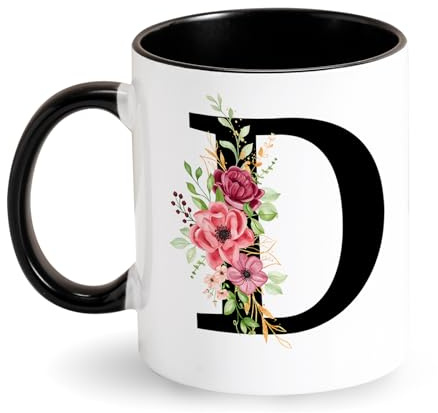 Tarklanda Iniziale Tazza da Caffè Tazza con Lettere Floreale Tazze Colazione Porcellana Nero Tazza per Donne Fidanzata Regali Personalizzata Regalo per Natale, Compleanno, Festa Della Mamma (D)