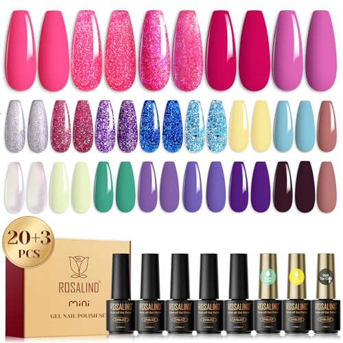 ROSALIND UV Nagellack Set, 23 Stück Mini Farbgel für Gelnägel Silber Rosa Lila Blau Gelb Glitzer Gel Nagellack Set, Soak Off Natur Gellack für Anfänger Nail Art Maniküre Salon
