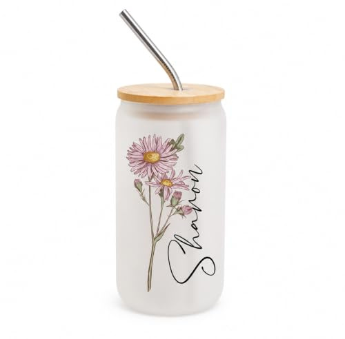 Drawelry Personalisiert Namen Wasser Gläser mit Geburt Blume Gedruckt Bambus Deckel und Stroh 450ml Long Trinkgläser Kaffee Milch Getränke Cocktail Bier Tee Glas Tasse für Familie Party Bar (A)