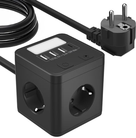 4-vägs grenuttag med USB C, uttagskub USB med nattlampa, flera uttag kub med strömbrytare, grenuttag för hemmakontor, 1,5 m kabel svart