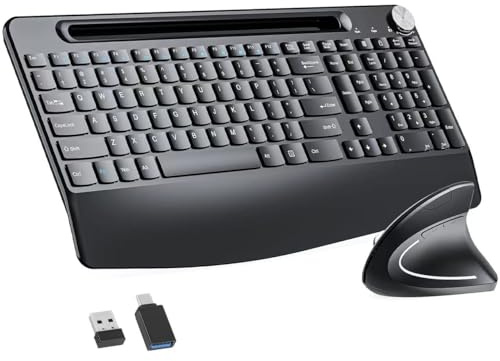 Sksyloo Clavier et souris ergonomiques pleine grandeur, clavier sans fil 2,4 GHz et souris verticale avec support de tablette, repose-poignet pour ordinateur, Mac, PC, ordinateur portable, Chromebook