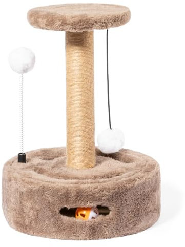 FOR ADVENTUR Parque de Juegos para Gatos Pequeños – Rascador con 2 Pelotas, Forro Suave, MDF/Poliéster – 37x26x36 cm