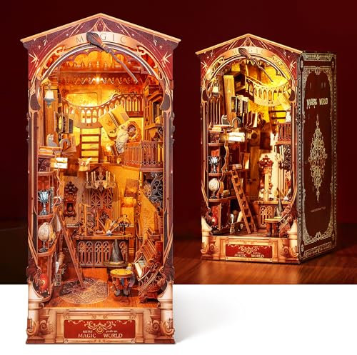 FUNPOLA 3D Holzpuzzle Book Nook Kit, magisches DIY Miniatur Puppenhaus mit LED-Licht, Magic World-Bücherregal-Einsatz Buchstütze zur Präsentation, 3D-Puzzle-Bastelset für Erwachsene (Magische Welt)