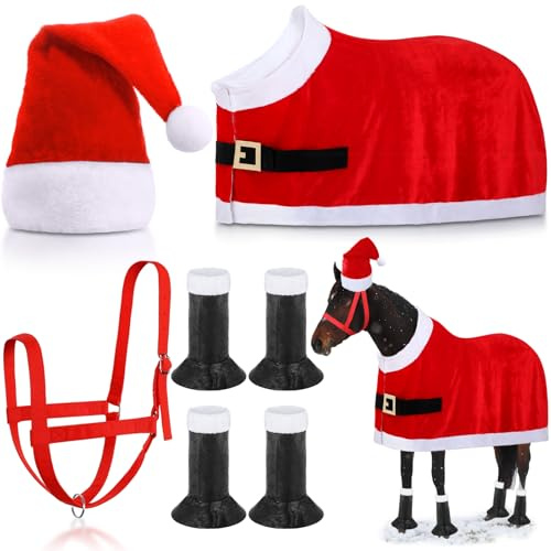 Paterr 7-teiliges Weihnachtspferd-Zubehör-Set, Weihnachtsmann, Elfe, Pferd, Umhang, Halfter, Beinwickel, Mütze, Reißzwecken, Kostüm-Set