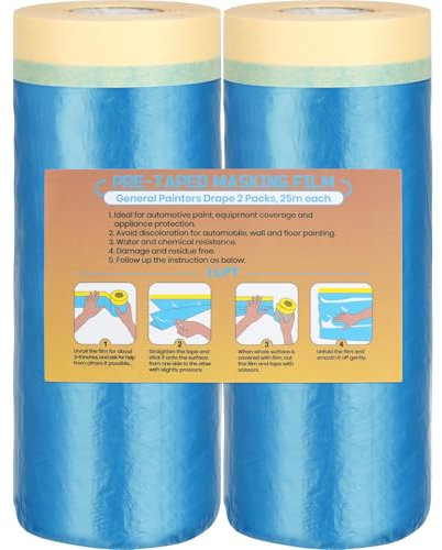 LLPT Abdeckfolie Klebeband mit Folie | Abdeckfolien Malerfolien | 2 Rollen | Selbstklebende Malerfolie | Zum Schutz von Autos Wänden Staub und Spritzschutz (CMF110) | 110cm(ungefaltet) x 25m