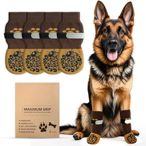 Alishomtll 2 Paar Doppelseitige Anti-Rutsch Hundesocken, Weiche Pfotenschutz Hunde mit Verstellbaren Riemen Klettverschluss, Hundeschuhe Socken für Innenbereich auf Hartholzböden (Braun, M)