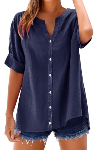 Chemise Lin Femme Manches Courtes Chic et Élégant Coton Lin T-Shirt Col en V Chemisier Tunique Tops avec Boutons Casual Grande Taille d'été Basique Shirt Couleur Unie LâChe Respirant Blouse
