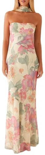 Fiacafyo Women Elegant Floral Bodycon Tube Maxi Dress Y2k Off Shoulder Backless Formal Party Prom Dress with Scarf (A-Mixed Color, L)
