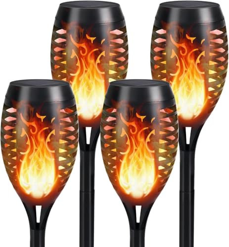 S ONE DISCOUNTS LIMITED 4X Solar Flickering Dancing Flame Lights, IP44 Waterproof Outdoor Solar Torch Lights for Patio, Pathway, Garden, Yard (9.5cm x 9.5cm x 50cm)