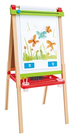 Hape Staffelei für kleine Künstler - Doppelseitige, verstellbare Kunststaffelei mit Whiteboard, Tafel & Papierrolle, Farben, Pinsel, Marker, Kreide & Ablageschale für Kunstbedarf, ab 3 Jahren