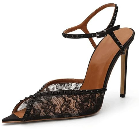Gueploer Femmes Sandales Noires, Talons Hauts en Dentelle Aiguille Pointue Escarpins À Bout Ouvert Sandales Élégantes pour Bal De Fête,Noir,44 EU