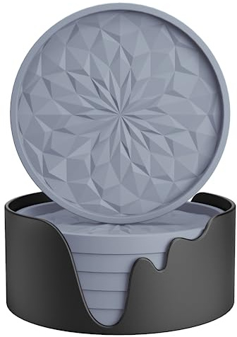 STLIAN - Lot de 6 sous-verres en silicone avec support - Tapis à tasse pour boissons chaudes ou froides, épais, antidérapant, antiadhésif, bac profond - Gris clair