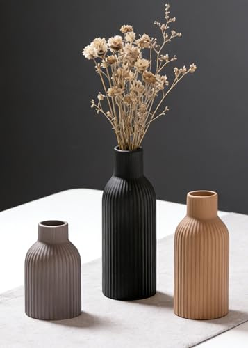 VASETOPIA Keramik Vase 3 Stück, Nordischer Boho Stil Blumenvasen Home Decor für Pampasgras, Bücherregal, Flur(Khaki/Schwarz/Grau)