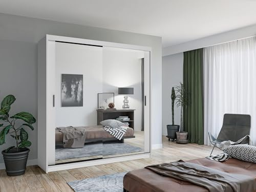 Krudox LUX Weiß Schiebetürenschrank Kleiderschrank 203x216x62 cm mit Spiegel - Schlafzimmermöbel, Aufbewahrung – Mehrzweckschrank mit 4 Kleiderstangen