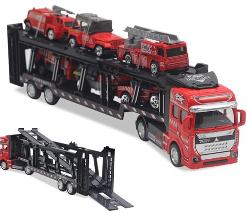 YANGUN 7-in-1 Camion de Construction, Jouet de Véhicules, Grue Jouet, Excavatrice Enfant,Cadeau d'anniversaire pour Enfants Garçon Fille de 3 4 5 6 Ans (Camion de Pompiers)