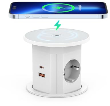 Versenkbare Steckdose, Dinolink Tischsteckdose Versenkbare mit 15W Kabellosem Ladegerät, D 85mm, 2 Schuko, 2 PD 20W USB A+C, 1.8m Kabel, Einbausteckdose für Küchenarbeitsplatte & Büro (Weiß)