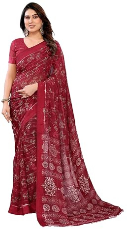 ETHNICMODE sari indio mujer Printed Georgette Light Weight Party Maroon Saris With Unstitched Maroon Blouse Piece-1208
