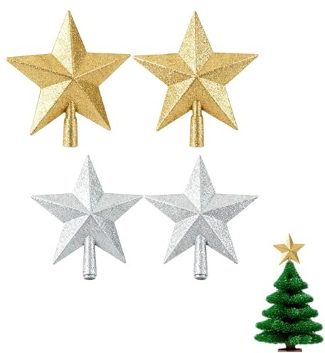 4 Piezas Estrella para Àrbol de Navidad, Topper Adorno de árbol de Navidad, Estrella Brillante, Punta Decorativa Dorada y Plateada 10 cm para Mini árbol navideño, decoración del hogar y Fiestas