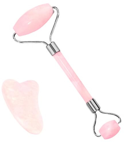 OUDQFCJ 2 Pezzi Gua Sha Naturale e Rullo di Giada per Viso Anti-Aging, Riduzione Rughe, Massaggiatore Viso per Tonificazione e Relax (Rullo di Giada Naturale)