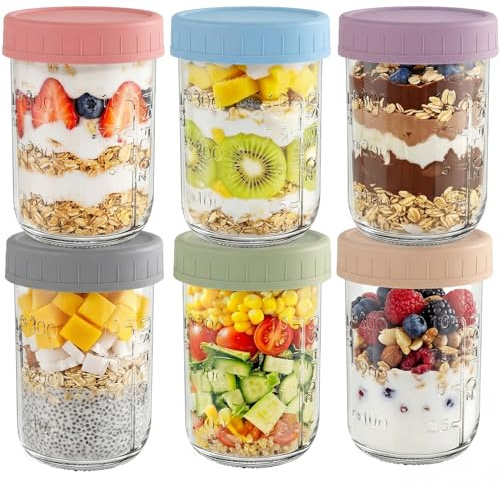 Aevcvok Set di 6 Barattoli per Overnight Oats 470ml Barattoli in Vetro con Coperchio Ermetici per Meal Prep,Overnight Oats Contenitore Vasetti per Yogurt,Barattolo Vetro per Yogurt,Marmellata,Insalata