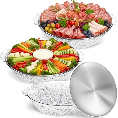 DEAYOU 3 Set 11.8 Chilled Serving Tray for Parties, Round Shrimp Cocktail Serving Dish with Ice Compartment, Ice Serving Bowl Cold Platter for Appetizer, Fruit, Veggie, Salad, Buffet, Keep Food Cold