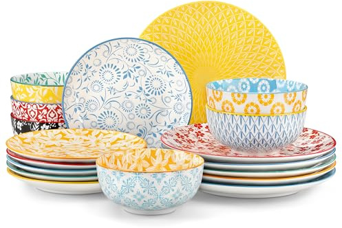 vancasso Selene Colorful Floral Porcelain Dinner Set for 6, 18 Pieces Stackable Plates and Bowls Set, Includes Dinner Plates/Dessert Plates/Cereal Bowls, Microwave & Dishwasher Safe for Everyday Use