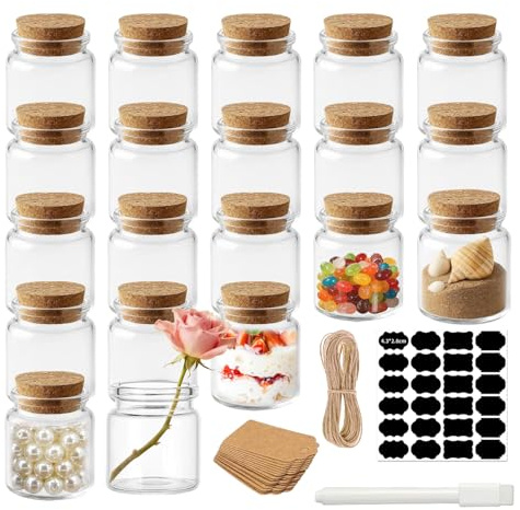 20 Pezzi Mini Bottiglie Vetro con Tappo in Sughero 50 ml Mini Barattolini Vetro Piccoli,Barattolo Porta di Spezie,Vasetti Vetro Piccoli per Decorazioni, Feste, Spezie da Cucina, Regalo per Ospiti