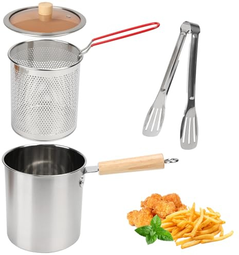 Pentolino Friggitrice con Cestello in Acciaio Inox, Pentola per Friggere 2.5L con Filtro Maglia e Pinza, Pentola Antiaderente per Friggere ad Induzione, Adatto per Friggere, Filtrare Olio,16.1x17.5cm