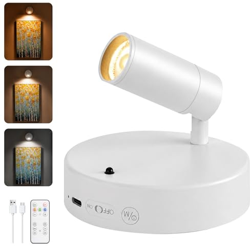 GOODEA Kabellose Spotlight mit Tageszyklus Timer, Großer & Heller Wandspot | 5500mAh, 3 CCT & Dimmbar, Fernbedienung, 350° Drehbar Akku Wandleuchte für Bilder Pflanzen Vitrine Wand Deko [Weiß,1er Set]