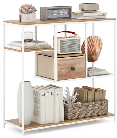 COSTWAY Consolle Ingresso, Consolle a 5 Ripiani con Cassetto in Tessuto, Tavolo d'Ingresso, Soggiorno e Corridoio, 100 x 35 x 95 cm (Naturale + Bianco)