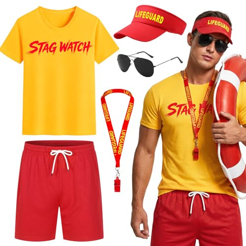 Vervora Lifeguard Costume Set for Adults, Stag Do Lifeguard Fancy Dress Outfit with T Shirt Shorts Visor Hat Whistle Sunglasses, Funny Stag Party Costume for Men Women Beach Pool Halloween