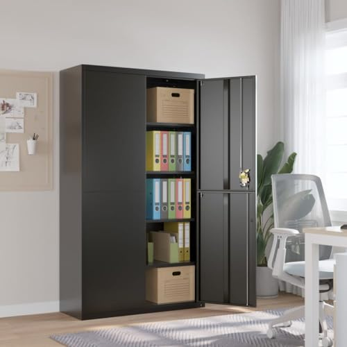 Ordellia arkivskåp pulverlackerat stål svart 105 x 40 x 180 cm 4 hyllor låsbara dörrar för kontor filer och dokument säkert organiserade