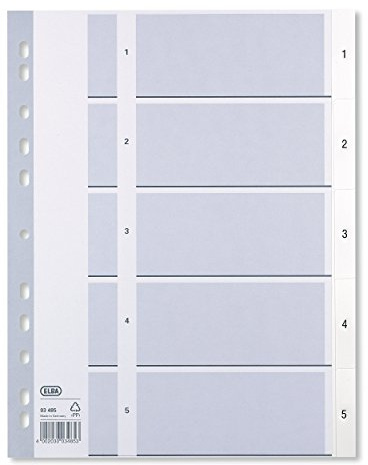 ELBA 400013946 Kunststoff-Register Strong-Line 1-5 5-teilig für DIN A4 Plastikregister mit beschriftbarem Deckblatt weiß Ringbuch Ordner Ring-Mappe