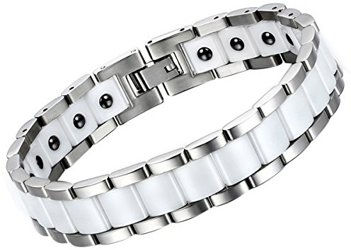 Flongo Herren Armband Keramik Gliederarmband Porzellan Edelstahl Magnetarmband Premium herrenschmuck link breit Geschenk für männer schwarz silber weiß