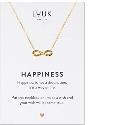 LUUK LIFESTYLE Halsband i rostfritt stål med evighethänge och ett HAPPINESS-kort, lyckoamulett, vänskapsgåva, guld