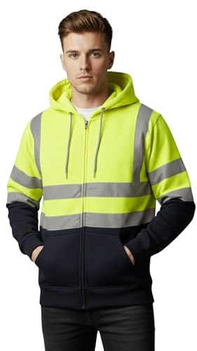 janisramone män pojkar ny Hi Vis Hoody Viz Rflective synlighet dragkedja upp fleecetröja arbete huvtröja jacka
