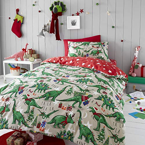 Happy Linen Company Girls Boys Kids Christmas Dinosaur Glow In The Dark Taupe Natural Toddler Cot Bed Reversible Duvet Cover Bedding Set