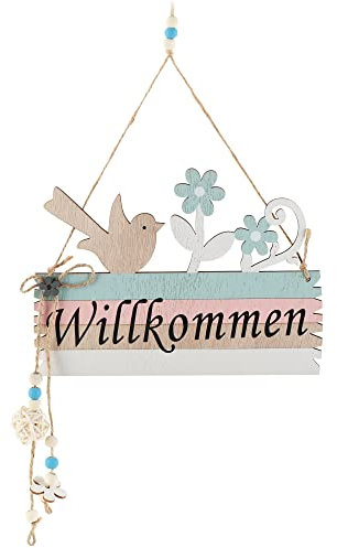 COM-FOUR® Türschild Willkommen - Deko-Schild Frühling aus Holz mit Kordel zum Aufhängen - Oster-Deko Schild für die Haustür (01 Stück - Vogel und Blume)