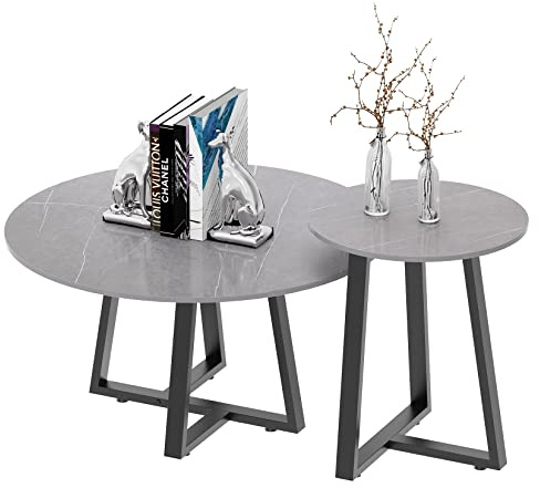 FATIVO Marmor Couchtisch 2er Set: Satztisch Rund Wohnzimmertisch mit schwarz Metallrahmen - Satztische fürs Wohnzimmer, Beistelltisch für Schlafzimmer Balkon - Klein 45×50cm / Groß 80×40cm