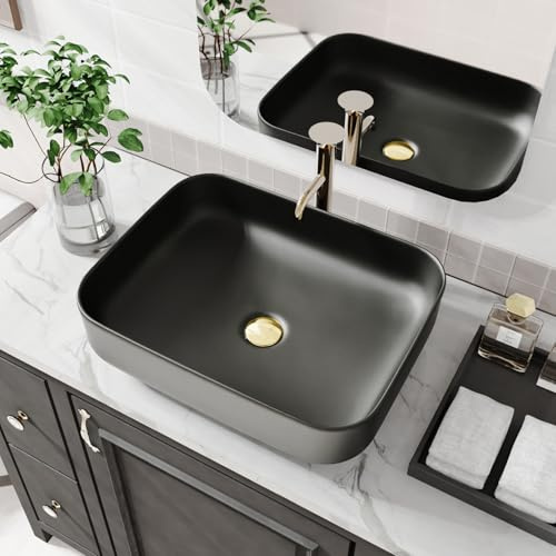 ELLAI Bathroom Vessel Sink Rectangle Above Counter Porcelain Ceramic Top Mount Rectanglar Countertop Sink for Bathroom 19.7x15.2x5.4 Matte Black