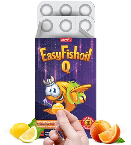 EasyFishoil Q Omega 3 Kinder Jelly – Fischöl mit DHA & EPA – 30 Stück | Leicht zu kauen & zuckerfrei, Mit Vitaminen, Cholin & Folsäure, Aus Norwegen, Alu-Alu-Blister, Halal-zertifiziert