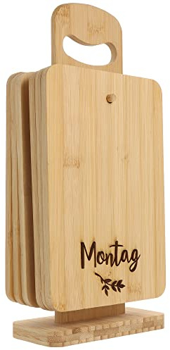 Spruchreif | Set di 6 taglieri per la colazione in bambù con supporto | Supporto in legno con tagliere per la colazione, set di taglieri giorni della settimana, ramoscello | accessori da cucina di