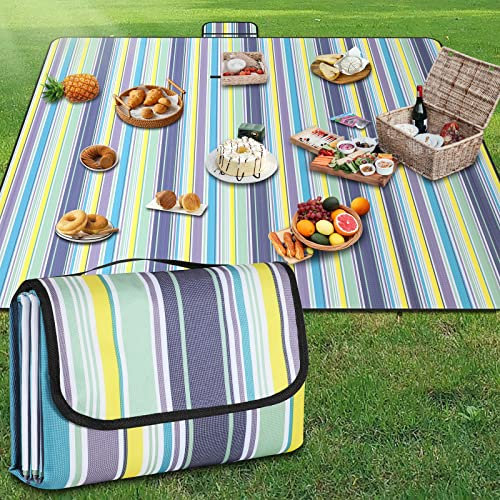 GUSUWU Coperta da picnic impermeabile, tappeto da spiaggia, 200 x 300 cm, lavabile, leggera, con manico blu, strisce verticali, adatta per escursioni, viaggi, esterni, campeggio, parco