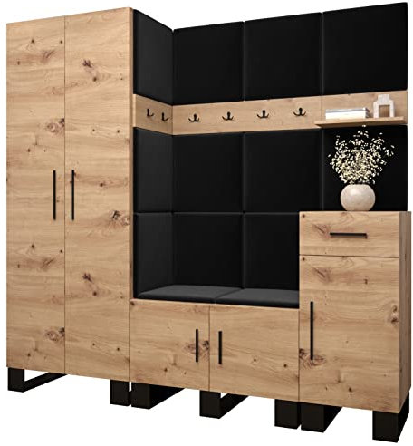 MEBLE KRYSPOL Garderobe Artin Set 1 mit gepolsterten Paneelen Industriell Design (Artisan Eiche + Manila 18 (Schwarz))