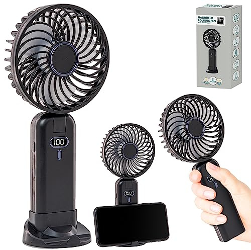 Supply Cube Foldable Handheld Fan with 3 Speed Settings – USB Rechargeable Portable Fan with LED Display & Mobile Phone Bracket – Perfect for Home, Office, Desk, Outdoors, and Travel Cooling - Black